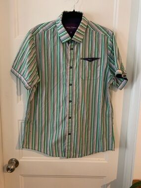 VINCENT D'AMÉRIQUE purple label , men Short-Sleeve Green Striped Button-Up Shirt